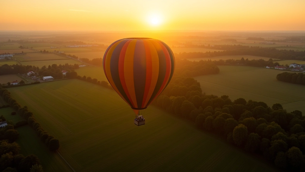 Aerial view from inside hot air balloon basket showing expansive countryside landscape with patchwork fields and distant villages at sunrise