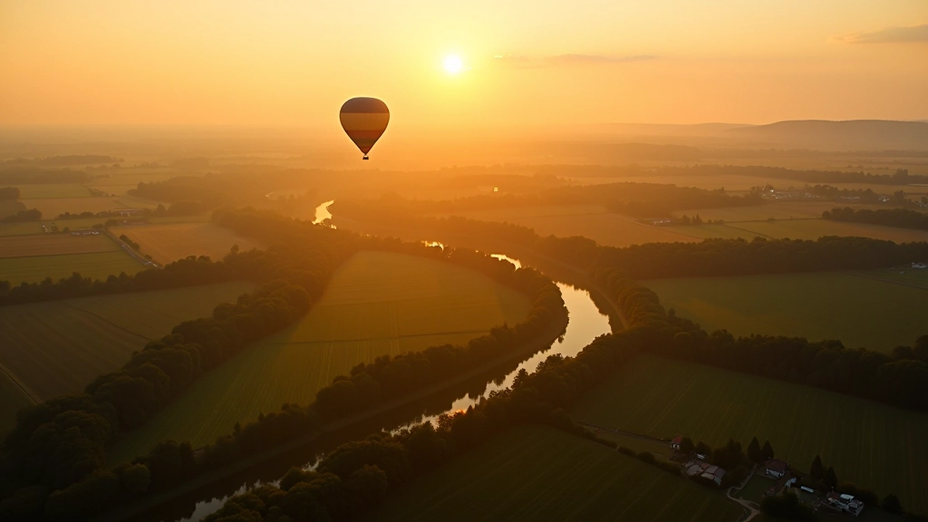 Aerial landscape view from hot air balloon showing patchwork fields, winding river, forests and small villages below during golden sunrise light