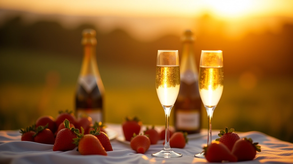 Champagne glasses and bottle with fresh strawberries arranged on elegant table at countryside landing site