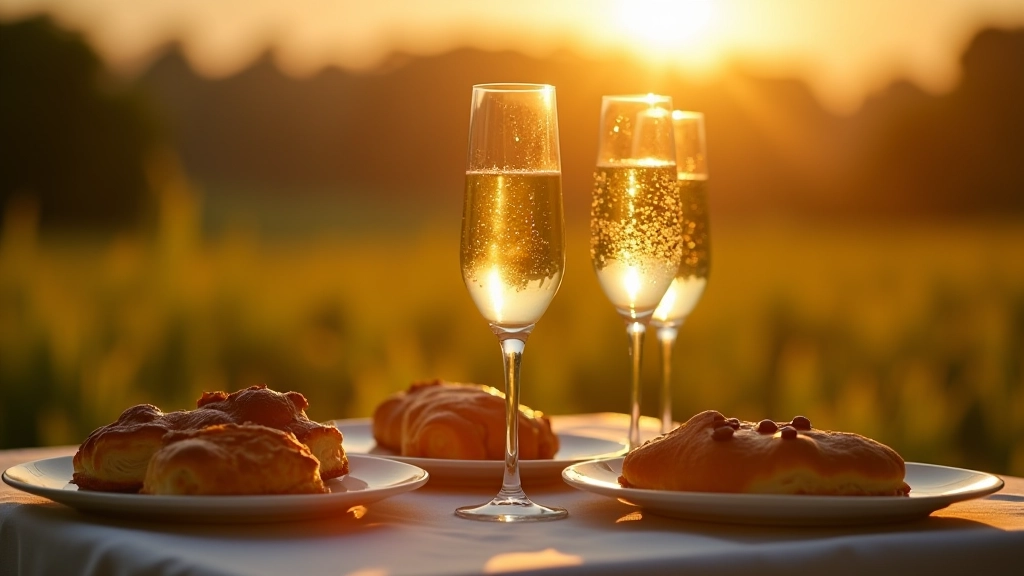 Champagne glasses and pastries prepared for a hot air balloon landing celebration