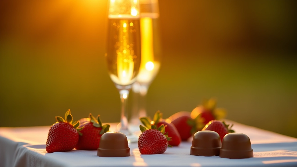 Close-up of crystal champagne flutes filled with golden champagne, fresh strawberries arranged beside them on elegant white tablecloth