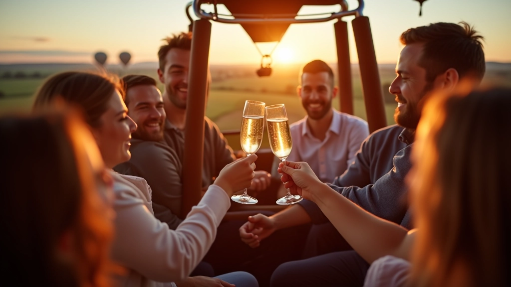 Group of people in hot air balloon basket toasting with champagne glasses during landing celebration with countryside visible behind them