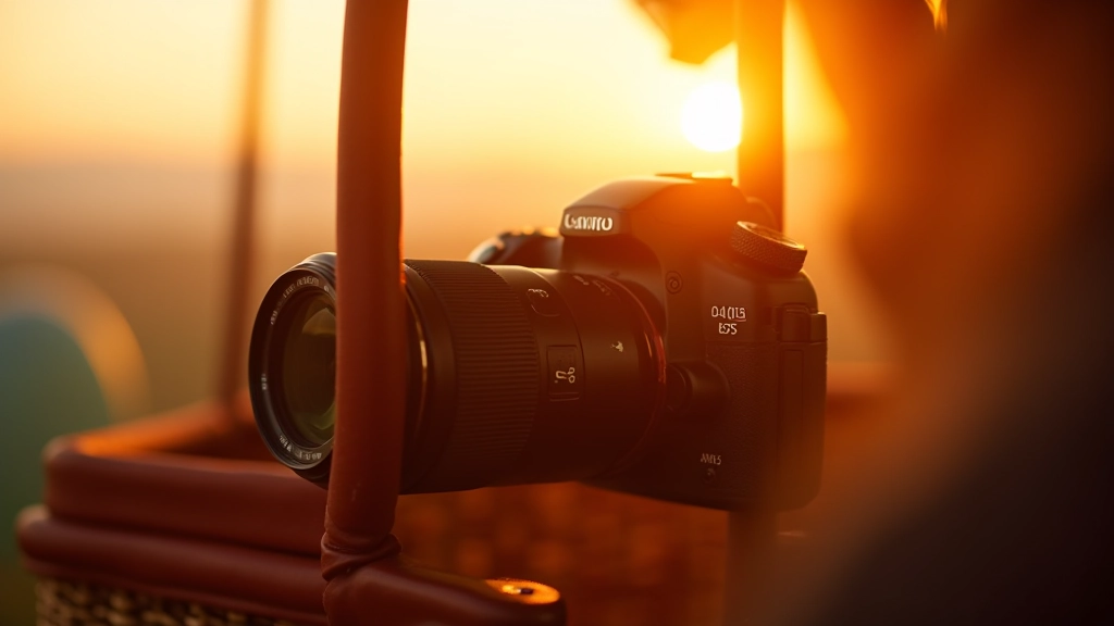 Close-up of professional DSLR camera with wide-angle lens mounted on stable platform inside hot air balloon basket, showing aperture settings display