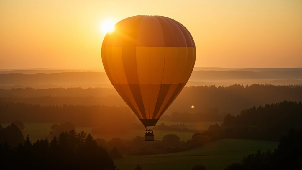 Hot air balloon floating above taviopath countryside at sunrise with lakes visible below