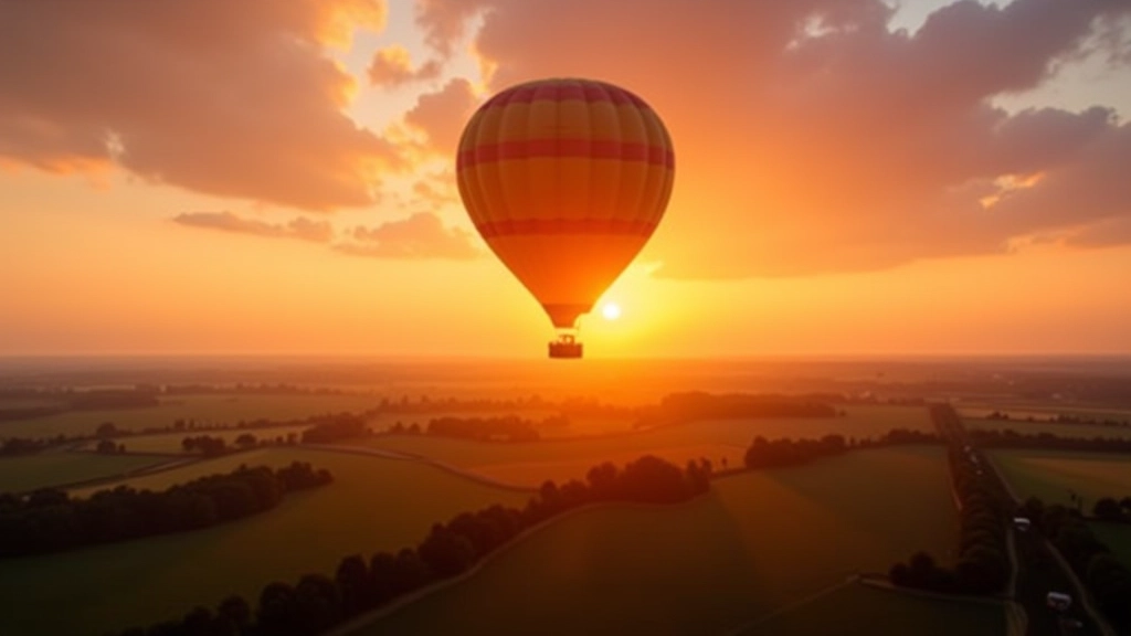 Hot air balloon basket ascending steadily with sunrise sky in background, green fields below, golden morning light, aerial perspective