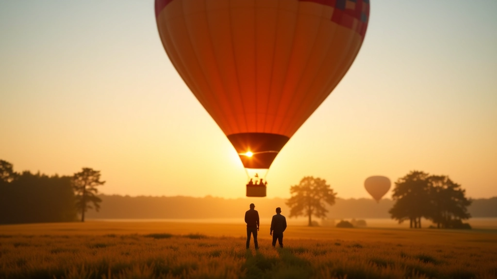 Hot air balloon basket descending toward landing zone with crew members positioned below ready to assist with touchdown