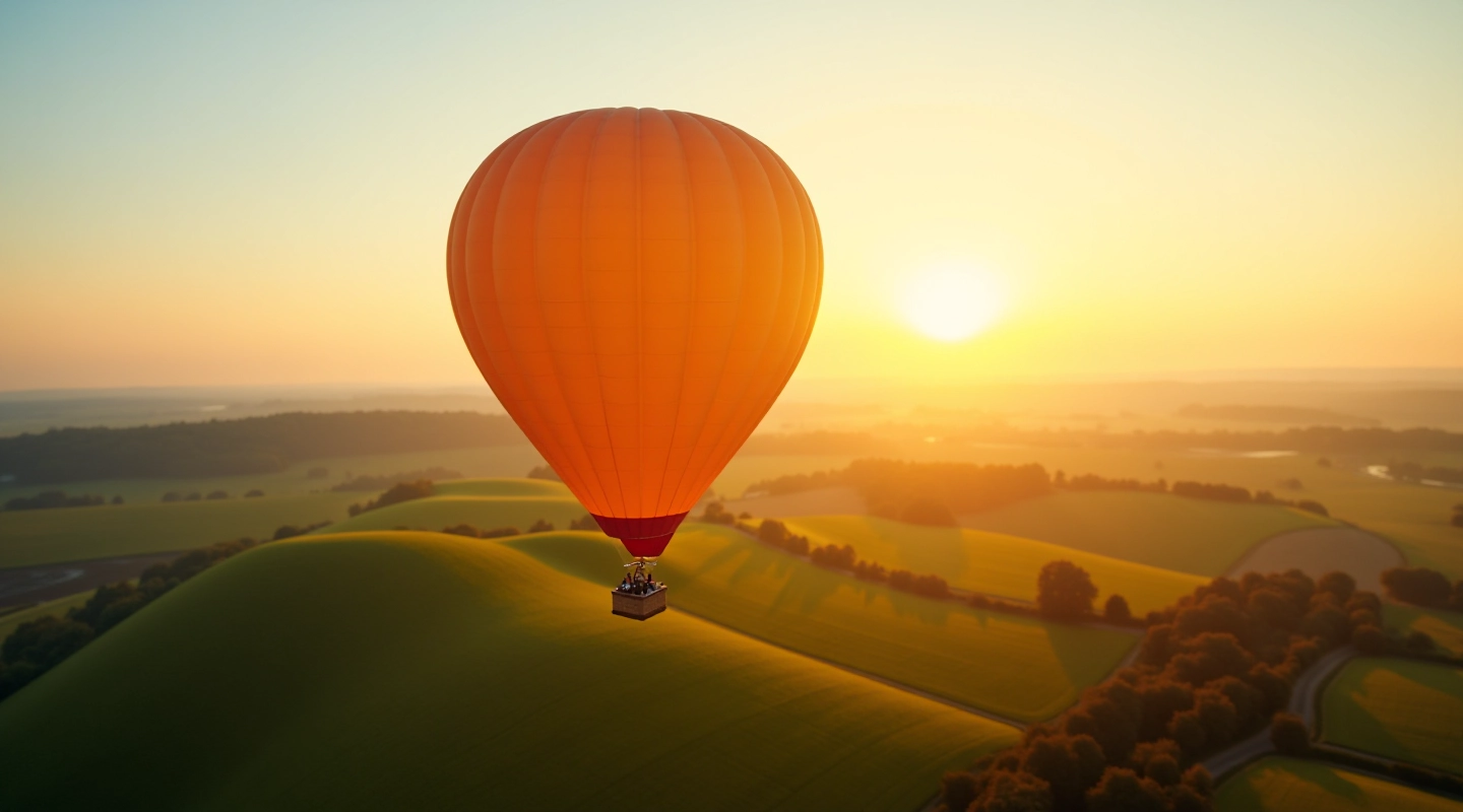 Hot air balloon ascending above the green taviopath countryside at sunrise