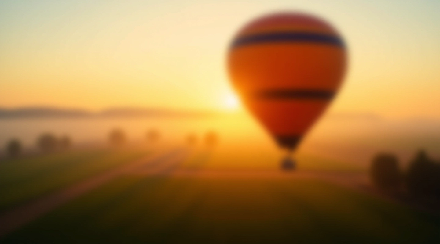 Hot air balloon basket with passengers floating above green countryside landscape at sunrise with morning mist