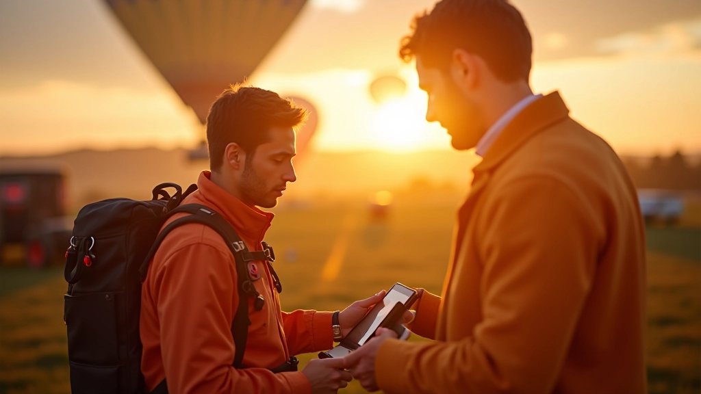 Pilot checking weather instruments and flight preparation equipment before hot air balloon launch at pre-dawn
