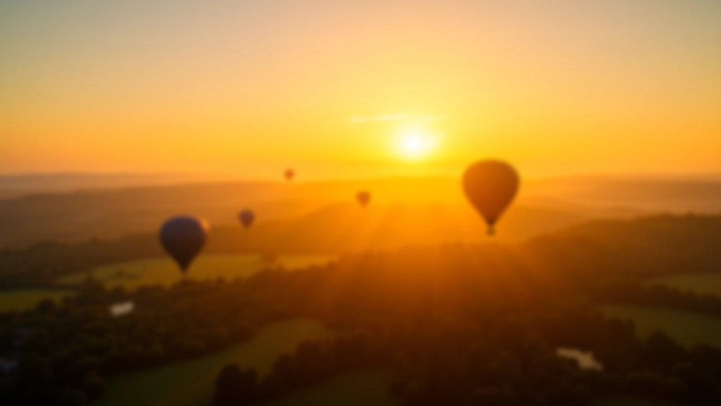 Hot air balloons floating over countryside landscape at sunrise