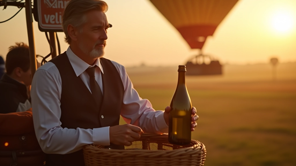 Champagne bottle being carefully handled during hot air balloon preparation with countryside landscape visible below