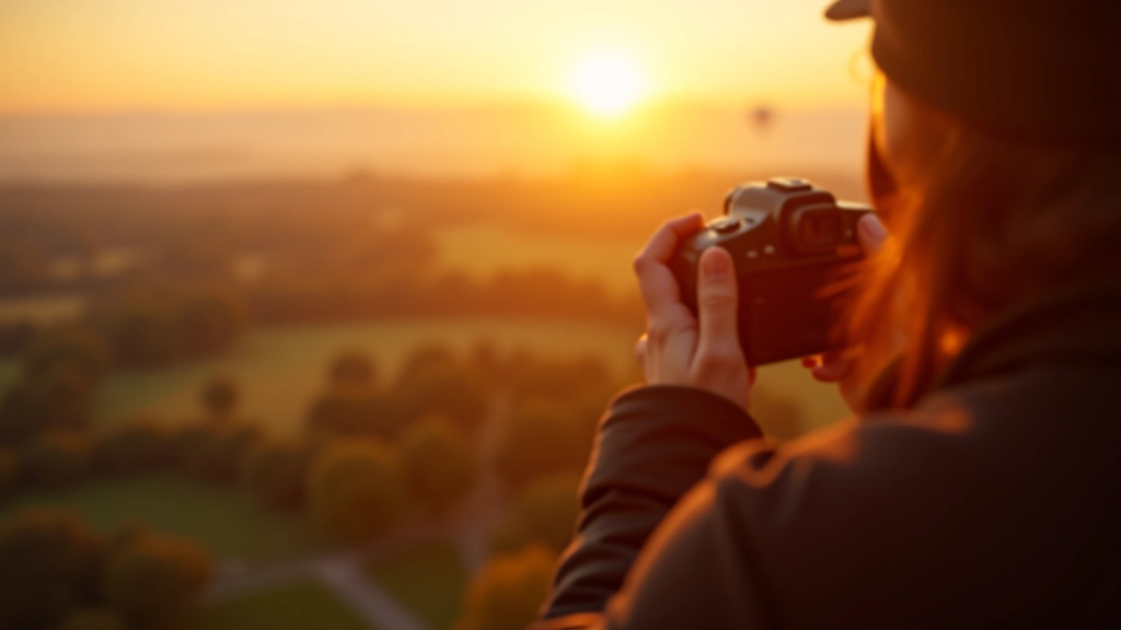 Photographer capturing landscape shots from hot air balloon basket with professional camera during golden sunrise