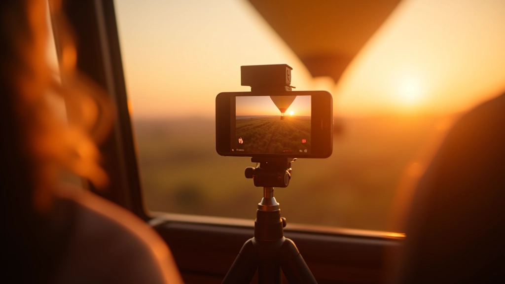 Smartphone mounted on flexible arm bracket inside hot air balloon, showing manual camera mode settings on screen with golden landscape below in frame