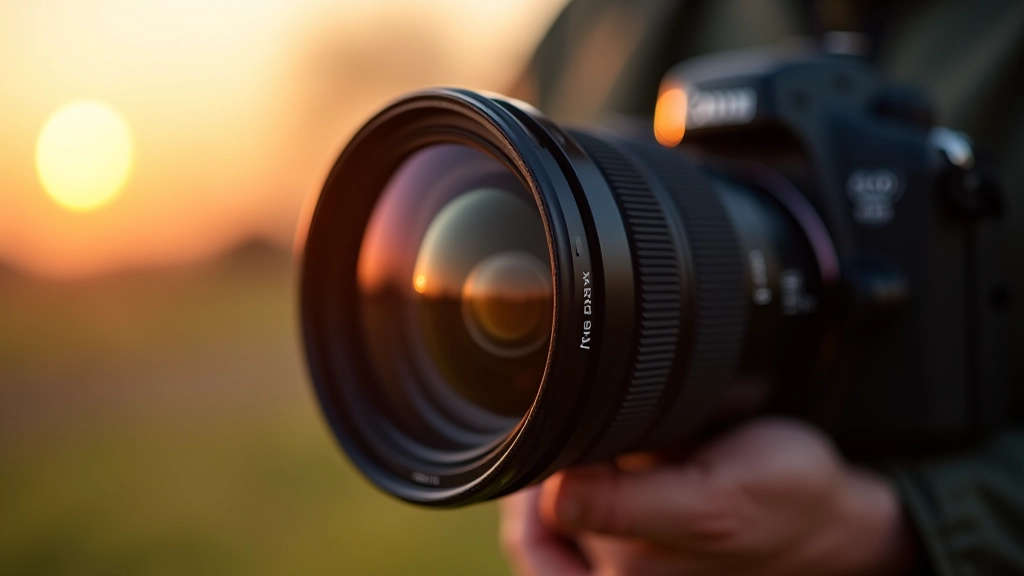 Wide-angle lens with protective filter mounted on DSLR camera, showing lens specifications and focal length markings clearly visible